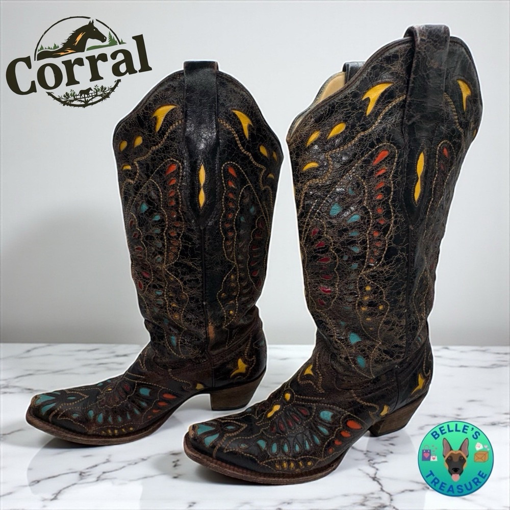 Corral Womens 9 M Butterfly Heeled Boots Brown Rainbow Cowboy Pointed Toe 1928